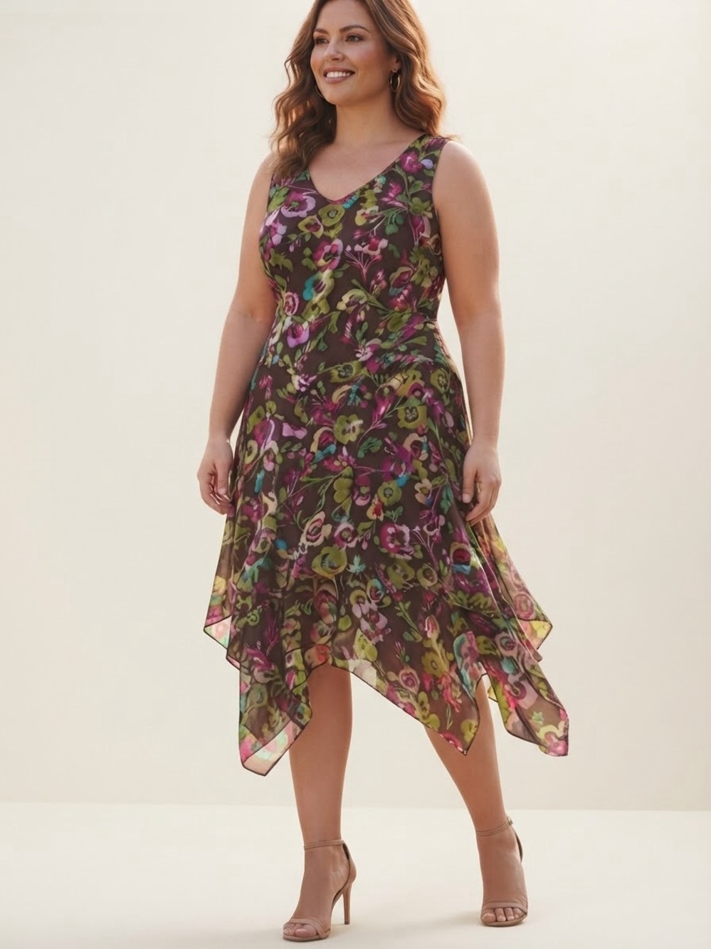 Anne Klein Brown Floral Sleeveless Silk Asymmetrical Ruffle Dress Fairy Core